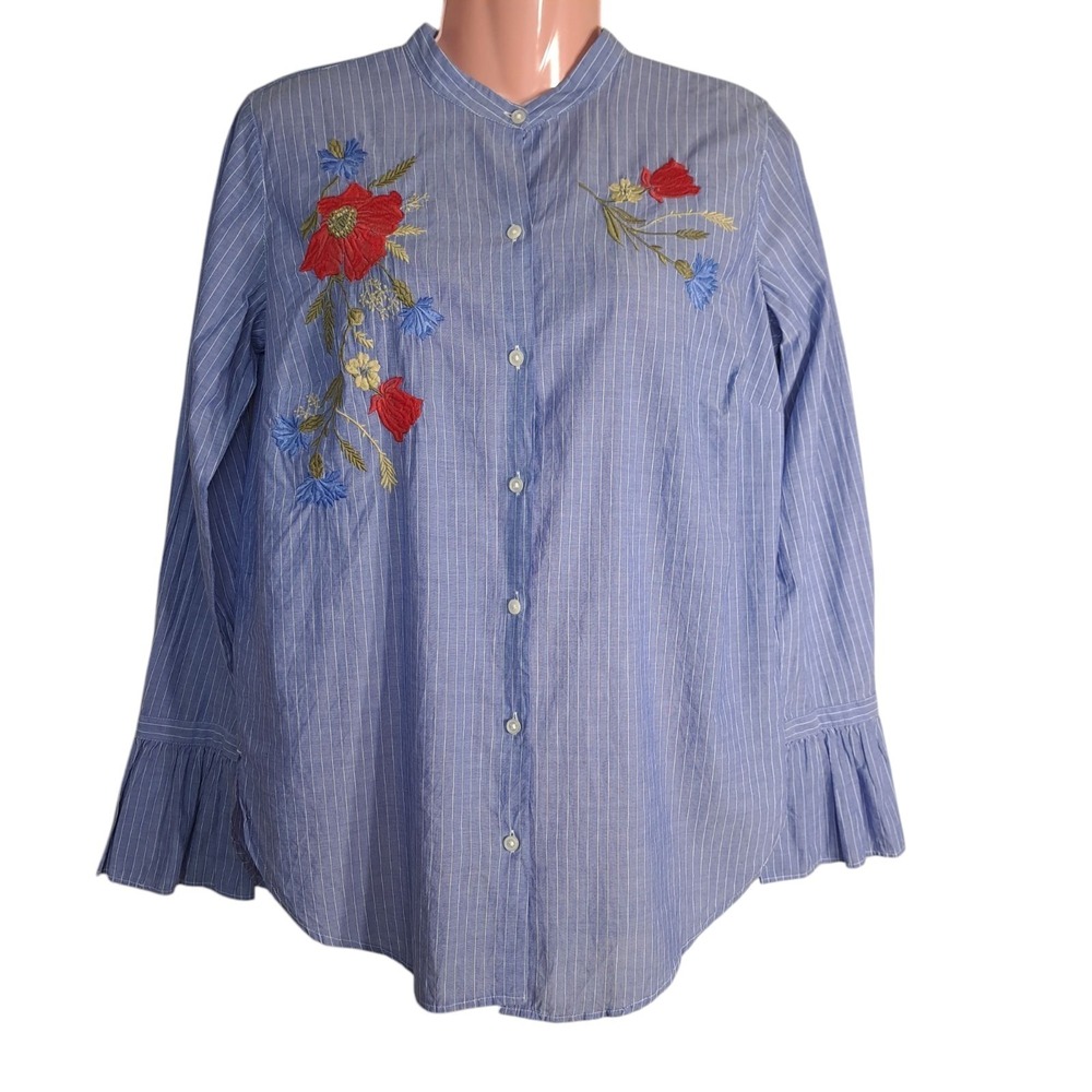 Loft Women's Blouse/Tunic Floral Embroidered Blue Size XS Long Sleeve